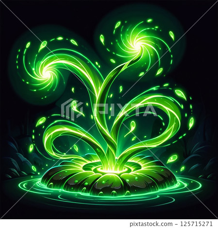 Luminous green plant spiraling from a water surface surrounded by glowing droplets and a dark background, evoking a magical and mystical atmosphere of nature. Luminous green plant spiraling from a water surface surrounded by glowing droplets and a dark background, evoking a magical and mystical atmosphere of nature. 125715271