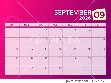 September 2026 Calendar. Week start on Sunday. Desk calendar 2026 design, simple and clean design, Wall calendar for print, digital calendar, Corporate design planner template vector. 125715295