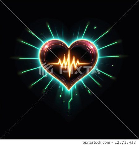 Glowing heart shape design with pulsating heartbeat line and radiating light effects on a black background creating a vibrant and dynamic visual representation of love and life energy. Glowing heart shape design with pulsating heartbeat line and radiating light effects on a black background creating a vibrant and dynamic visual representation of love and life energy. 125715438