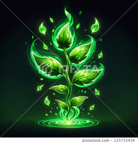 Bright green glowing plant emerging from swirling energy with vibrant leaves and magical aura against a dark background, symbolizing growth and vitality in a mystical setting. Bright green glowing plant emerging from swirling energy with vibrant leaves and magical aura against a dark background, symbolizing growth and vitality in a mystical setting. 125715439