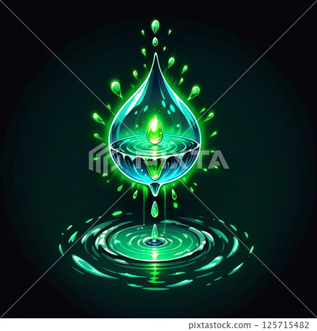 Glowing green water droplet with a teardrop shape illuminating a dark background, surrounded by splashes and ripples creating an ethereal, luminous effect. 125715482