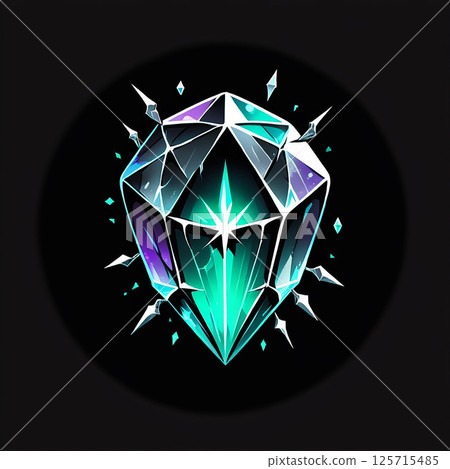 Glowing crystal gem with intricate facets surrounded by sparkling shards radiating magical energy and a mystical aura against a dark background. 125715485