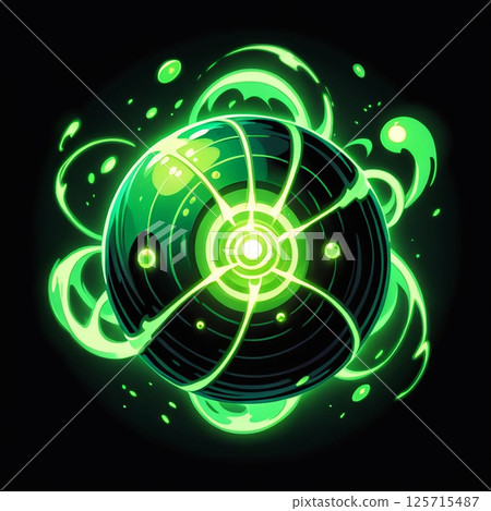 Glowing green sphere with swirling energy patterns on a black background, resembling a futuristic technology or modern abstract design with vivid colors and dynamic shapes. 125715487