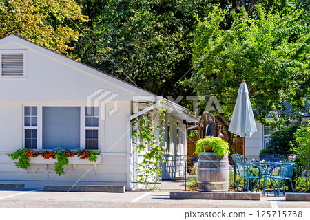 White resort house on bright sunny day in Okanagan valley White resort house on bright sunny day in Okanagan valley 125715738