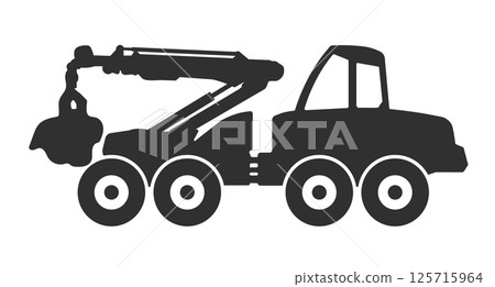 Log harvester icon symbol Shape. Timber logger machine logo sign. Woodworking industry. Vector illustration image. Isolated on white background. Log harvester icon symbol Shape. Timber logger machine logo sign. Woodworking industry. Vector illustration image. Isolated on white background. 125715964