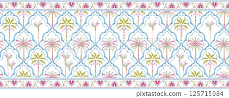 Seamless Multicolored Watercolor Moroccan Pattern with Stylized Palm Trees and Geometric Texture , Creative Repeat Modern Pattern with Ornamental Design Seamless Multicolored Watercolor Moroccan Pattern with Stylized Palm Trees and Geometric Texture , Creative Repeat Modern Pattern with Ornamental Design 125715984