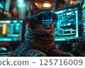 A cat wearing VR goggles and a cyber-like interface 125716009