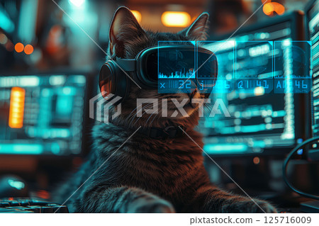 A cat wearing VR goggles and a cyber-like interface 125716009