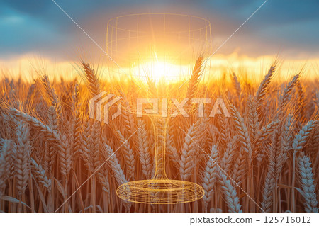 Fantastic scene of a wine glass floating in a golden wheat field and a sunset 125716012
