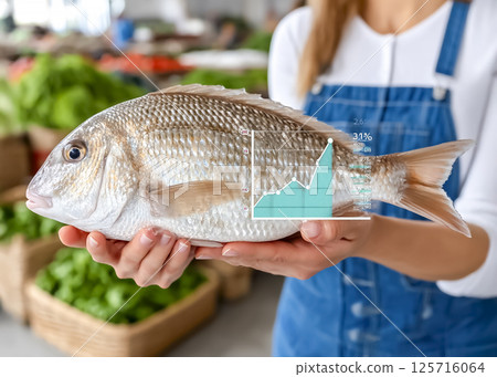 Seafood sales chart and image of a fisherman showing fish Seafood sales chart and image of a fisherman showing fish 125716064