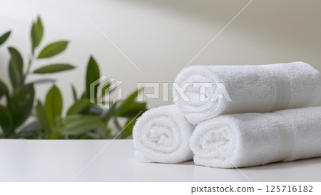 Stack of Rolled White Bath Towels with Greenery 125716182