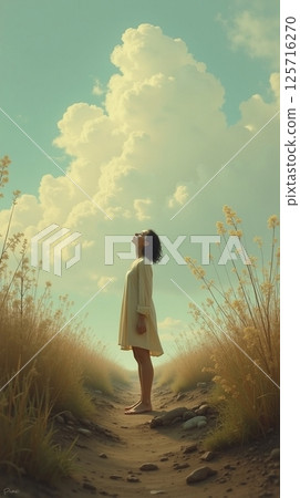 A woman looking up at the clear sky 125716270