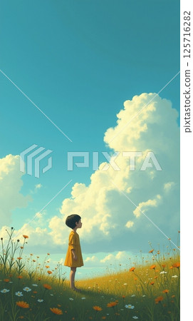 A girl looking at the clear blue sky 125716282