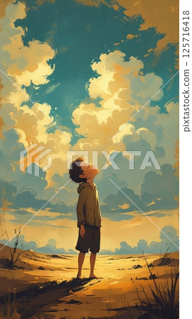 Boy looking up at the sunset 125716418