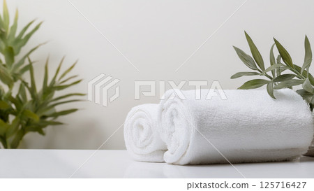 Two Rolled White Towels with Green Plant Accents 125716427