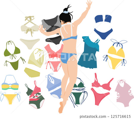 Illustration of a woman thinking about which swimsuit to wear 125716615