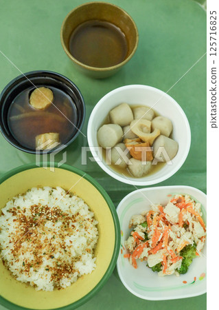 Hospital food: rice, miso soup, stew, and salad Hospital food: rice, miso soup, stew, and salad 125716825