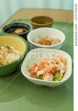 Hospital food: rice, miso soup, stew, and salad Hospital food: rice, miso soup, stew, and salad 125716826