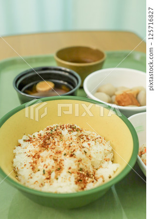 Hospital food: rice, miso soup, stew, and salad 125716827