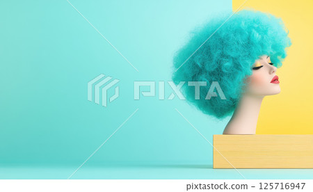 vibrant mannequin head with bold teal curly wig against bright yellow and turquoise background, showcasing playful and artistic style 125716947