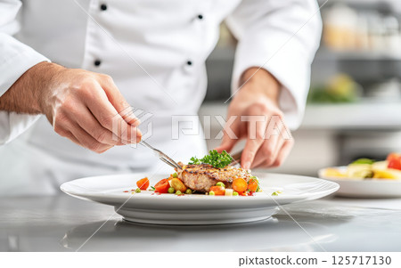 confident chef plating dish with precision, showcasing culinary skills and attention to detail. vibrant colors of ingredients enhance visual appeal of meal 125717130