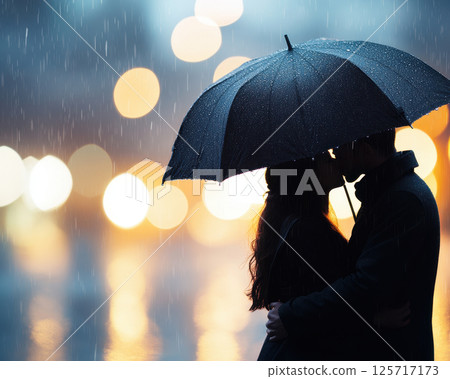 silhouette of couple kissing under umbrella in rain, surrounded by colorful bokeh lights, creates romantic and intimate atmosphere silhouette of couple kissing under umbrella in rain, surrounded by colorful bokeh lights, creates romantic and intimate atmosphere 125717173