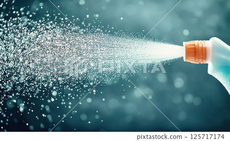 soft focus close up of disinfectant spray bottle, showcasing fine mist being released. image conveys sense of cleanliness and freshness, ideal for hygiene related themes soft focus close up of disinfectant spray bottle, showcasing fine mist being released. image conveys sense of cleanliness and freshness, ideal for hygiene related themes 125717174
