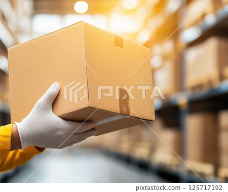 warehouse worker in protective gloves holds cardboard box, showcasing safety and efficiency in storage environment. warm lighting enhances industrious atmosphere 125717192
