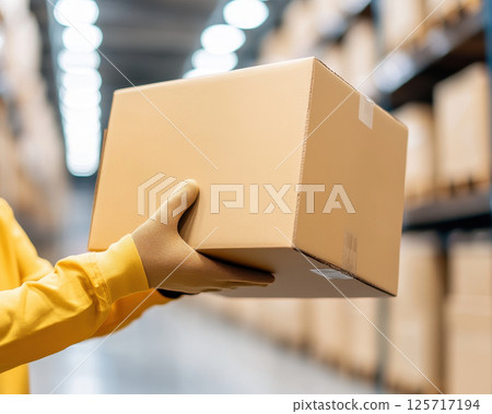 warehouse worker in protective gloves is handling cardboard box, showcasing safety and efficiency in storage environment. scene emphasizes organization and diligence 125717194