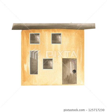 Yellow cute building with brown foof,door and windows. Hand drawn cottage clipart, summer village painting for card,wallpaper, poster design 125717230