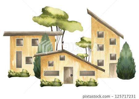 Cottage houses composition with yellow tiny building in greenery watercolor illustration. Hand drawn countryside village landscape clipart for poster, travel card design 125717231