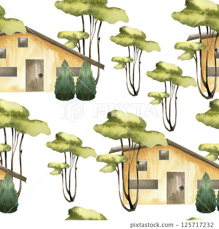 Summer cottage seamless pattern with pastel yellow houses and green trees watercolor illustration. Hand drawn village building background, European houses clipart for wallpaper,textile, fabric design 125717232