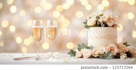 Elegant wedding reception with champagne glasses and floral cake centerpiece, creating romantic atmosphere with soft bokeh lights in background 125717264