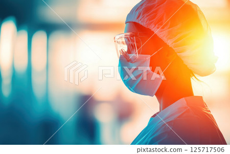 Medical worker in protective gear, focused and determined, with blurred background. image captures essence of dedication in healthcare Medical worker in protective gear, focused and determined, with blurred background. image captures essence of dedication in healthcare 125717506