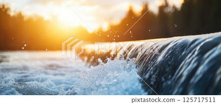 serene river flows over dam at sunset, showcasing nature beauty and engineering. sunlight reflects off water, creating tranquil atmosphere 125717511