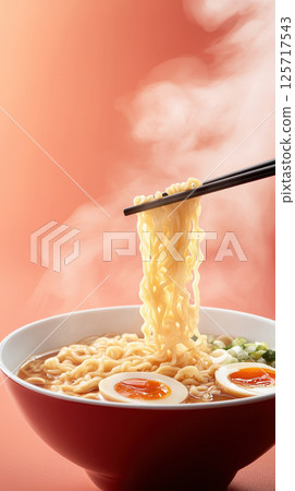 Steaming bowl of ramen with vibrant toppings and soft boiled eggs, creating warm and inviting atmosphere. Perfect for food lovers and culinary enthusiasts 125717543