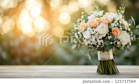 beautiful bridal bouquet featuring peach and white roses, surrounded by greenery, set on wooden table with soft, blurred background of warm sunlight 125717564