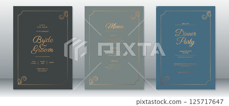 Elegant wedding and dinner party invitation card set in gold and dark tones Elegant wedding and dinner party invitation card set in gold and dark tones 125717647