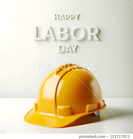 Yellow safety helmet isolated on a white background with HAPPY LABOR DAY text for celebration 125717821