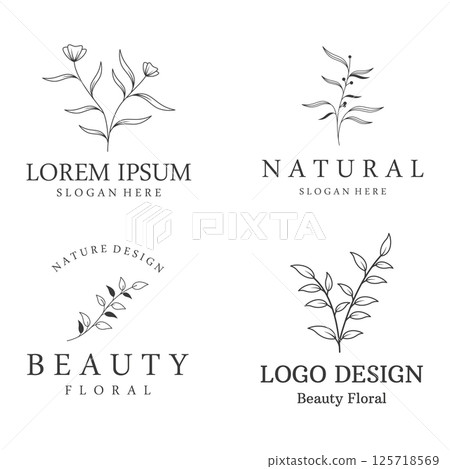 Hand drawn beautiful organic floral leaf and flower floral design logo for business, decoration, wedding, greeting card and photography. Hand drawn beautiful organic floral leaf and flower floral design logo for business, decoration, wedding, greeting card and photography. 125718569
