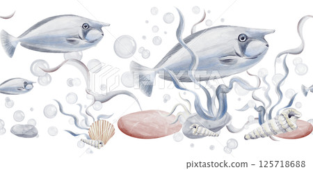 Seamless border with blue tropical fish. Pebbles and seaweed on the bottom. Raucski and mollusks multicolored. Bubbles under water. Watercolor illustration without background. Hand drawing. Seamless border with blue tropical fish. Pebbles and seaweed on the bottom. Raucski and mollusks multicolored. Bubbles under water. Watercolor illustration without background. Hand drawing. 125718688