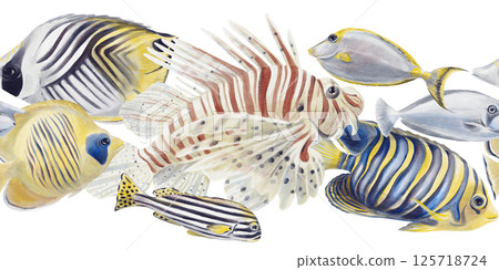 Seamless border with tropical fish. Exotic sea creatures. Lion, surgeon, elephant. Striped and colored fish. Watercolor illustration isolated from background. Hand drawn. High quality illustration Seamless border with tropical fish. Exotic sea creatures. Lion, surgeon, elephant. Striped and colored fish. Watercolor illustration isolated from background. Hand drawn. High quality illustration 125718724