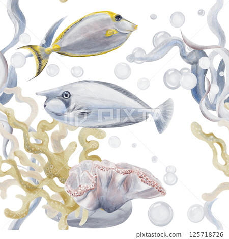 Seamless pattern with tropical fish, elephant fish and surgeonfish. Algae and corals. Sea pebbles and bubbles. Gentle blue ocean pattern. Watercolor illustration without background, hand drawn. Seamless pattern with tropical fish, elephant fish and surgeonfish. Algae and corals. Sea pebbles and bubbles. Gentle blue ocean pattern. Watercolor illustration without background, hand drawn. 125718726