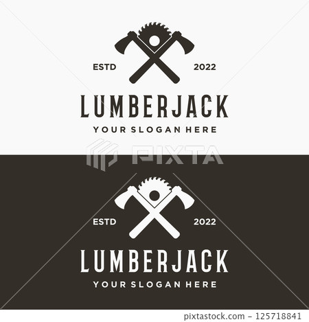 Wood saw premium logo template design with vintage carpentry tools.Logo for business, carpentry, lumberjack, label, badge. 125718841