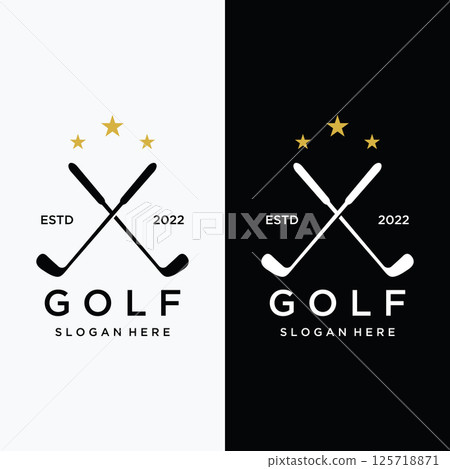 Golf ball and stick and golf course logo template design. Logo for professional golf team, golf club, tournament, business, event. 125718871
