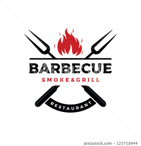 BBQ hot grill vintage typography logo template design with crossed flames and spatula. Logo for restaurant, badge, cafe and bar. BBQ hot grill vintage typography logo template design with crossed flames and spatula. Logo for restaurant, badge, cafe and bar. 125718944