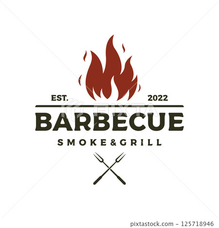 BBQ hot grill vintage typography logo template design with crossed flames and spatula. Logo for restaurant, badge, cafe and bar. BBQ hot grill vintage typography logo template design with crossed flames and spatula. Logo for restaurant, badge, cafe and bar. 125718946