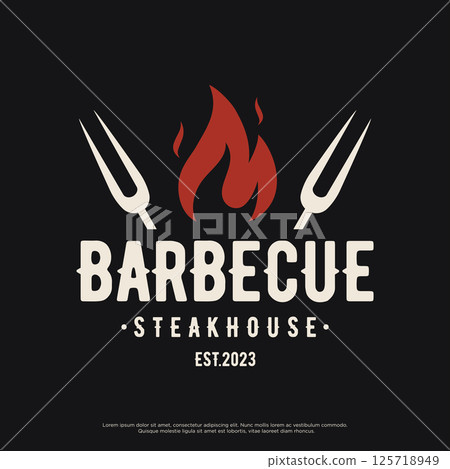 BBQ hot grill vintage typography logo template design with crossed flames and spatula. Logo for restaurant, badge, cafe and bar. 125718949