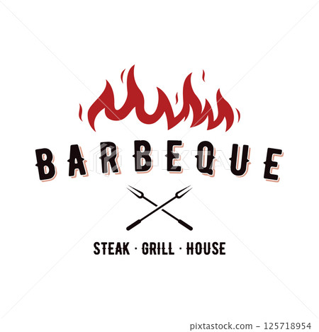 BBQ hot grill vintage typography logo template design with crossed flames and spatula. Logo for restaurant, badge, cafe and bar. 125718954
