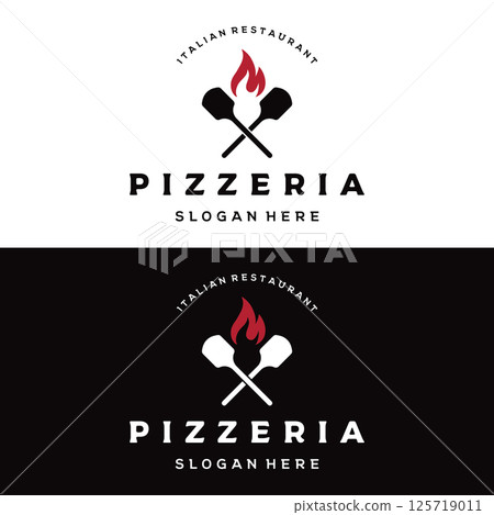 Pizza logo template design with shovel and brick oven.Logo for business, restaurant,italian food. 125719011